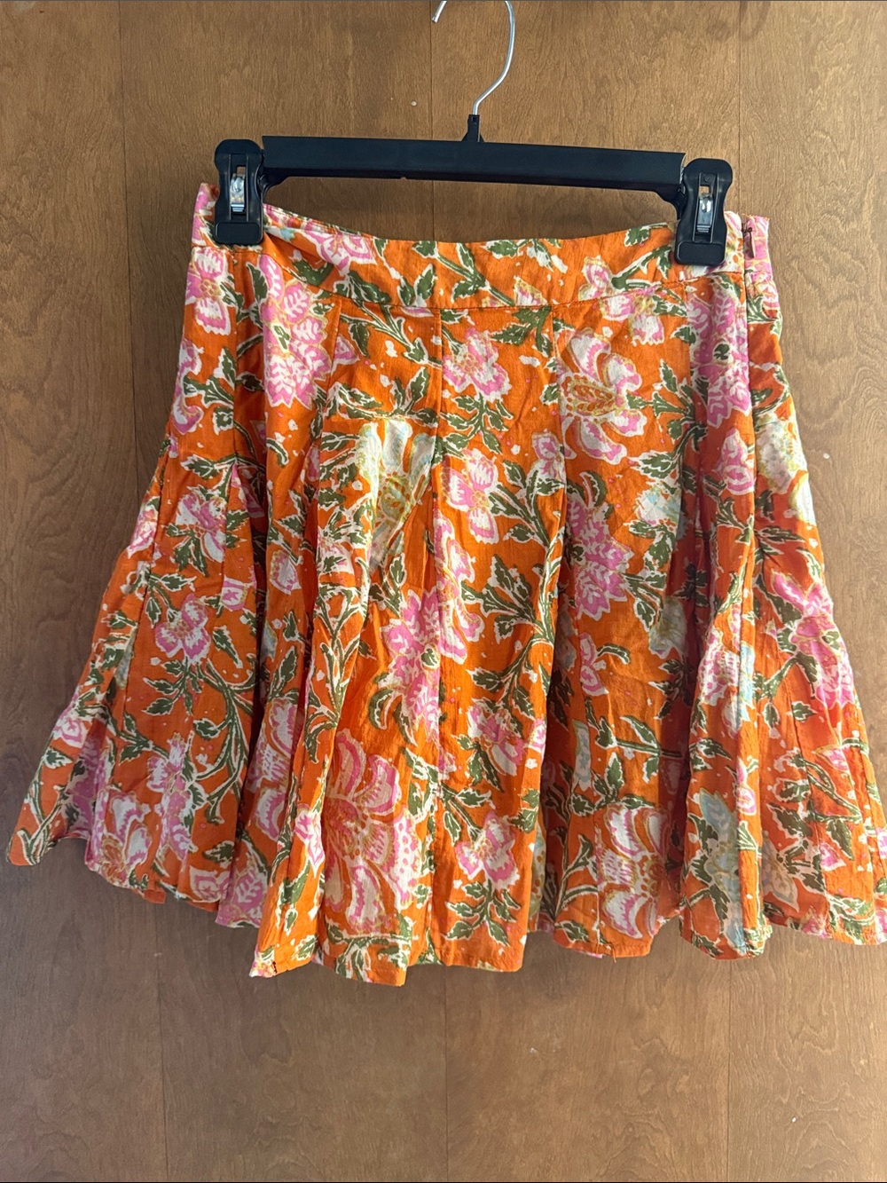 Free People Floral Orange Pleated Mini Skirt